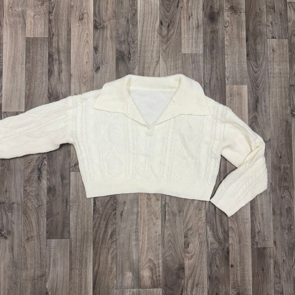 Cableknit Cropped Collared White Sweater - image 2
